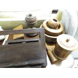 TREEN WARE INCLUDING BOOK STAND, CARVED BOWLS, STORAGE JAR AND OTHER ITEMS.