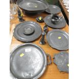 PEWTER WARE INCLUDING SUGAR SHAKER, EGG CODDLER , HOT PLATE AND DISHES.