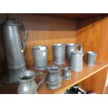 PEWTER - THREE QUART TANKARDS (ONE WITH SIGNATURE), COFFEE POT, ONE LIDDED TANKARD, A MUG WITH