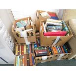 NINE BOXES OF ASSORTED FICTION AND REFERENCE BOOKS, VARIOUS AGE AND CONDITION.