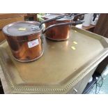 TWO COPPER SAUCEPANS TOGETHER WITH AN OCTAGONAL BRASS SERVING TRAY.