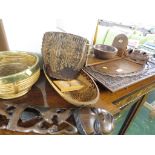 FAR EASTERN STYLE CARVED WOODEN TRAY, TRIBAL MASKS, DRUM AND OTHER ITEMS.