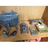 DECORATIVE AND TOURIST REPRODUCTION WARE - MASK, ICON, ICE BUCKET AS A CENSER, BRASS ASHTRAY, ETC (