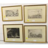FOUR ETCHINGS AND ENGRAVINGS - RIVERSIDE WITH SWANS, BRIDGE WITH ROCKS, AND TWO RIVERSIDE CITY
