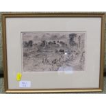 LANDSCAPE WITH COTTAGES, HORSES AND FIGURES, ETCHING, MARKED WHISTLER 1859 LOWER LEFT, (12.5CM X