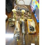 CAST METAL WALL BRACKET , BRASS CANDLE STICKS , WOOD PLANES AND OTHER METAL WARE. *