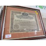 FRAMED AND GLAZED EARLY 20TH CENTURY WEST END OPOTRA MINES COMPANY SHARES CERTIFICATE.