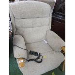 HSL ELECTRIC LIFT AND RISE RECLINING ARMCHAIR IN BEIGE UPHOLSTERY.