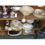 THREE SHELVES OF HOUSE HOLD AND DECORATIVE CHINA WARE.