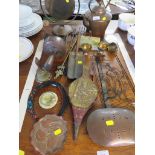 COPPER AND BRASS WARE INCLUDING KETTLE , GONG, MINIATURE BELLOWS , NUT ROASTER AND OTHER ITEMS.