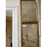 TWO SMALL FRAMED AND GLAZED WATERCOLOURS; TOWER ON HILL AND STONE CROSS.