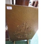 A WOODEN FIRE SCREEN WITH SAILING SHIP FINISHED IN A GOLD PAINT. *