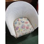 WHITE PAINTED BASKET WEAVE TUB CHAIR WITH SPRUNG UPHOLSTERED SEAT.