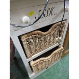 CREAM PAINTED SINGLE DRAWER UNIT WITH TWO WICKER PULL OUT DRAWERS.