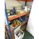 TWO SHELVES OF TOOLS INCLUDING BOSCH ELECTRIC JIG SAW , BLACK AND DECKER CORDLESS DRILL , SANDER ,