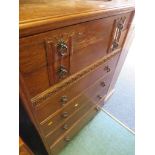 STAINED OAK VENEERED SIX DRAWER CHEST WITH METAL HANDLES. *