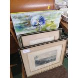 FOUR FRAMED AND GLAZED COLOURED ENGRAVINGS WITH OTHER PICTURES AND PRINTS.