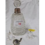 CUT GLASS SCENT BOTTLE WITH A SILVER NECK. A PAIR OF CRYSTAL CANDLE STANDS AND A CRYSTAL PENDANT.