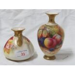 TWO ROYAL WORCESTER BLUSH IVORY VASES DECORATED WITH FLOWERS. (AF)