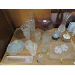 SMALL SELECTION OF GLASS INCLUDING VASES , TRAY AND SUNDAE VASES.