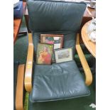 IKEA BENTWOOD ARMCHAIR AND FOOTSTOOL WITH DARK GREEN LEATHER CUSHIONS.