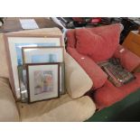 PAIR OF ARM CHAIRS WITH LOOSE COVERS, ONE BEIGE ONE RED. *