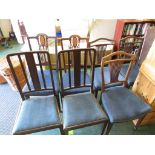 MATCHED SET OF SEVEN MAHOGANY DINING AND SIDE CHAIRS WITH BLUE UPHOLSTERED SEATS *