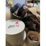 VINTAGE FUR COAT TOGETHER WITH A SELECTION OF VINTAGE HATS AND OTHER ITEMS CONTAINED IN HAT BOXES.