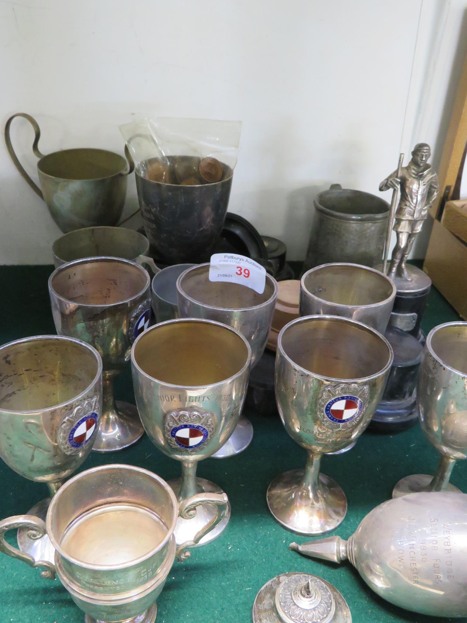 NINE HALLMARKED SILVER ROWING TROPHIES (TOTAL WEIGHT 650 GRAMS) , SILVER PLATED COXSWAIN TROPHY (AF)