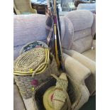 VINTAGE UMBRELLAS , SHOOTING STICK , EXERCISE CLUB AND VARIOUS WICKER AND RUSH WOVEN BASKETS.
