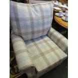 MUTLIYORK ARMCHAIR IN A PALE BLUE AND GREY CHEQUERED UPHOLSTERY.*