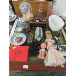 VINTAGE ITEMS INCLUDING STONEWARE JELLY MOULD , CASH TIN , DOLLS AND OTHER ITEMS.