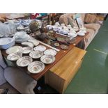 STAINED OAK RECTANGULAR TRESTLE DINING TABLE. (AF) *