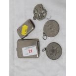 TWO HAMPSHIRE FRIENDLY SOCIETY MEDALS , CAP BADGE , CHROME PLATED MATCH VESTA AND SMALL CIGARETTE
