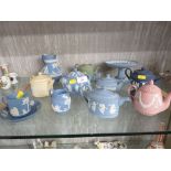 SELECTION OF WEDGWOOD BLUE JASPER WARE AND OTHER COLOURS, INCLUDING TEA POTS , COFFEE CUP AND SAUCER