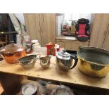 SILVER PLATED TEA WARE , COPPER KETTLE AND BRASS PRESERVING PAN.