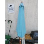 A PARASOL WITH WOODEN STEM TOGETHER WITH A BRABANTIA OUTDOORS CLOTHES HANGER.