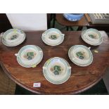 SET OF SIX SUSIE COOPER CHINA TWO HANDLED CUPS AND SAUCES DECORATED WITH FLOWERS.