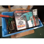 PLASTIC CRATE WITH CONTENTS OF ASSORTED HAND TOOLS AND BLACK AND DECKER ELECTRIC HAMMER DRILL.