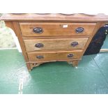 LATE 19TH CENTURY LIGHT MAHOGANY THREE DRAWER CHEST WITH METAL HANDLES WITH A THISTLE DESIGN. (A/F)
