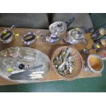 SILVER PLATED TEA SET , SELECTION OF PLATED CUTLERY , TRAY AND OTHER ITEMS.