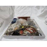 TRAY OF COSTUME BEADS ,SILVER COMB HANDLE (A/F), STERLING SILVER I.D BRACELET, JEWELLERY CASES (NO