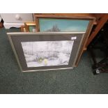 THREE FRAMED AND GLAZED WATER COLOURS , FRAMED AND GLAZED PENCIL SKETCH AND A OIL ON BOARD OF