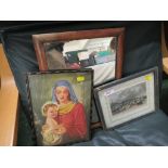 FRAMED ENGRAVING OF PLYMOUTH BREAK WATER, FRAMED RELIGIOUS PRINT AND A SMALL MAHOGANY FRAMED