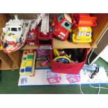 TWO SHELVES OF CHILDREN'S TOYS INCLUDING KITE , PLAYHOUSE, VEHICLES AND OTHER FIGURERS ETC. (AF)