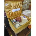 UPHOLSTERED SEWING BOX WITH CONTENTS. *