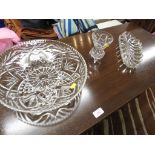 PRESSED GLASS FRUIT BOWL , CUT GLASS VASE AND A SHAPED DISH. *