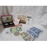 ROYAL MINT SILVER PROOF 5 PENCE COIN SET IN CASE , A TRAFALGAR FIVE POUND COIN , BANK NOTES AND