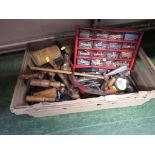 TRAY OF ASSORTED HAND TOOLS , TOGETHER WITH A SET OF STORAGE DRAWERS WITH CONTENTS OF DIY ITEMS.