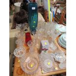MIXED GLASS WARE INCLUDING VASES , DRESSING TABLE JARS , BOWLS AND OTHER ITEMS.